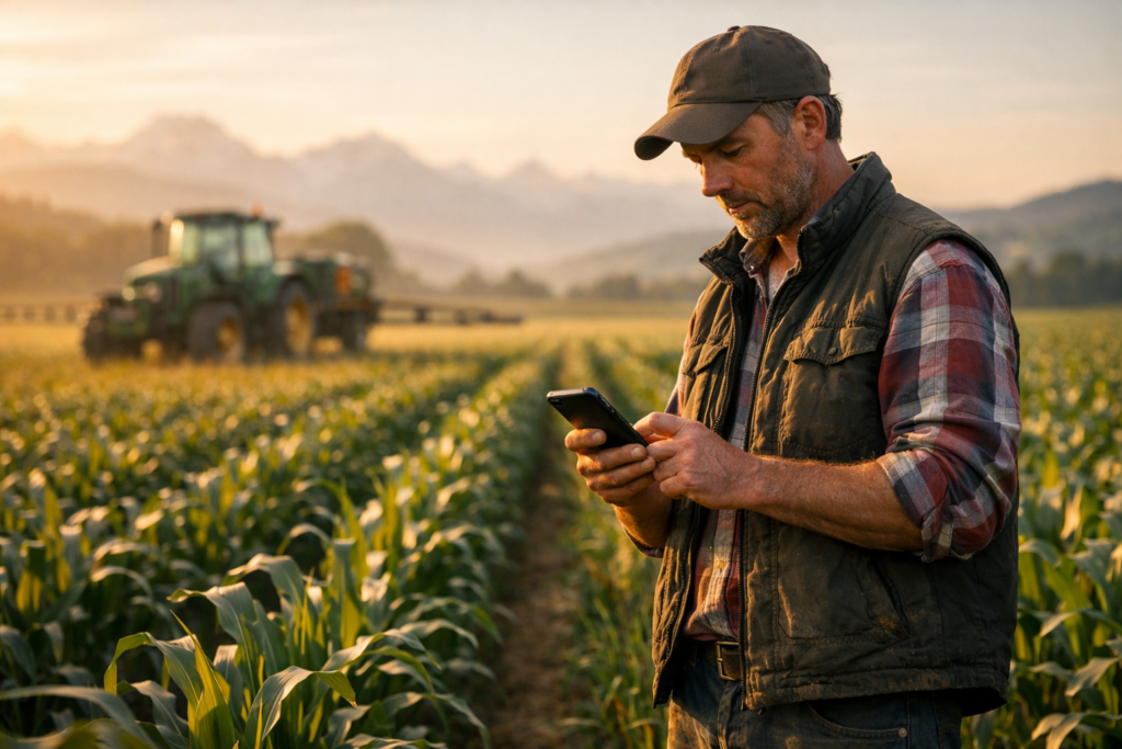 Agriculteur saisissant une intervention dans son application Agrobook sur smartphone.